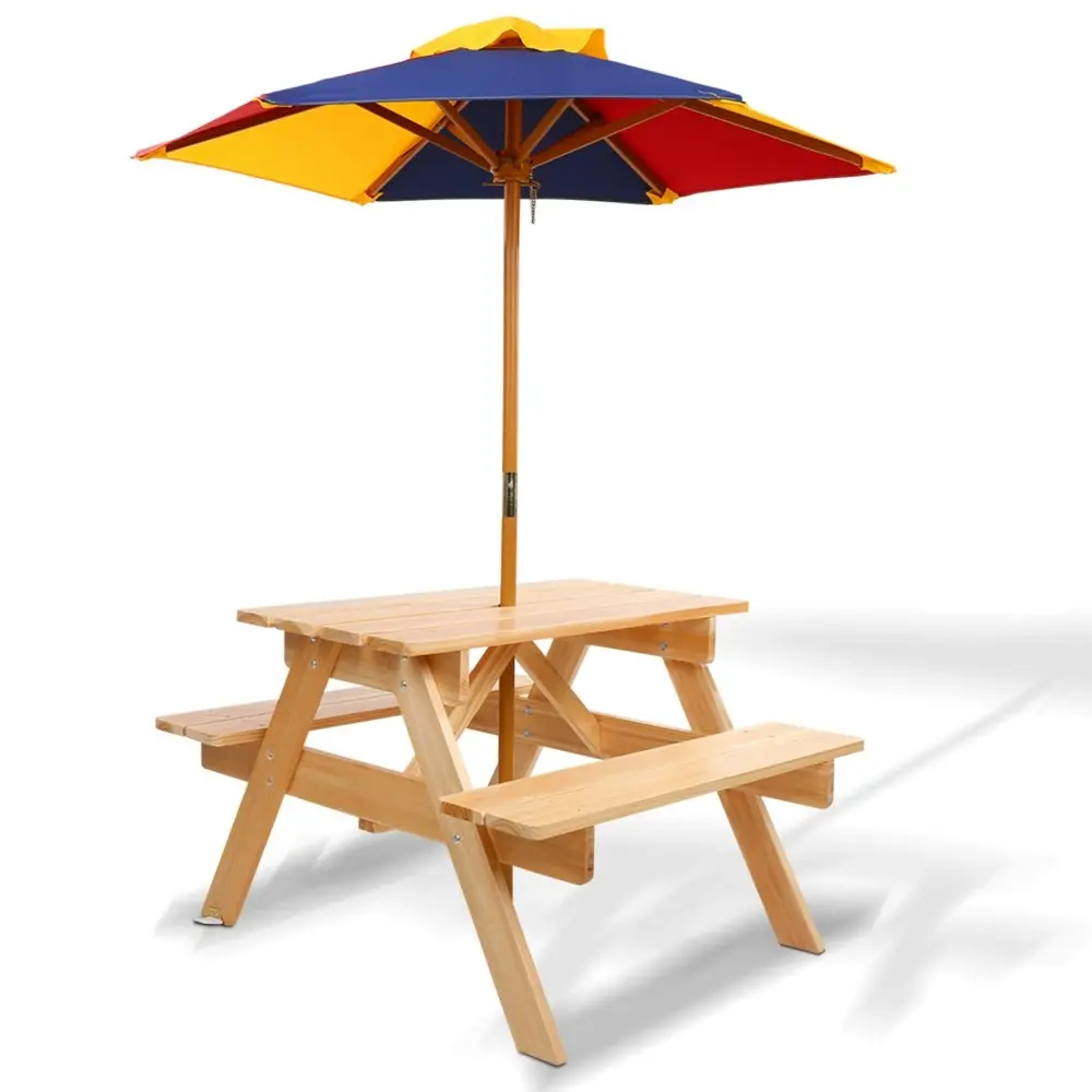 Keezi Kids Outdoor Table and Chairs Wooden Picnic Bench Set Umbrella