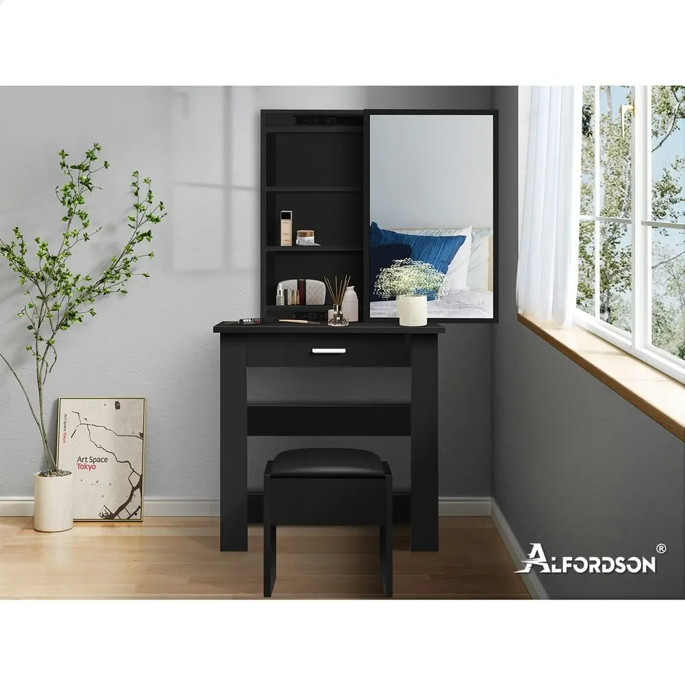 Alfordson Dressing Table Stool Set Sliding Mirror Black