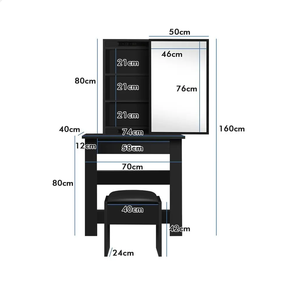 Alfordson Dressing Table Stool Set Sliding Mirror Black