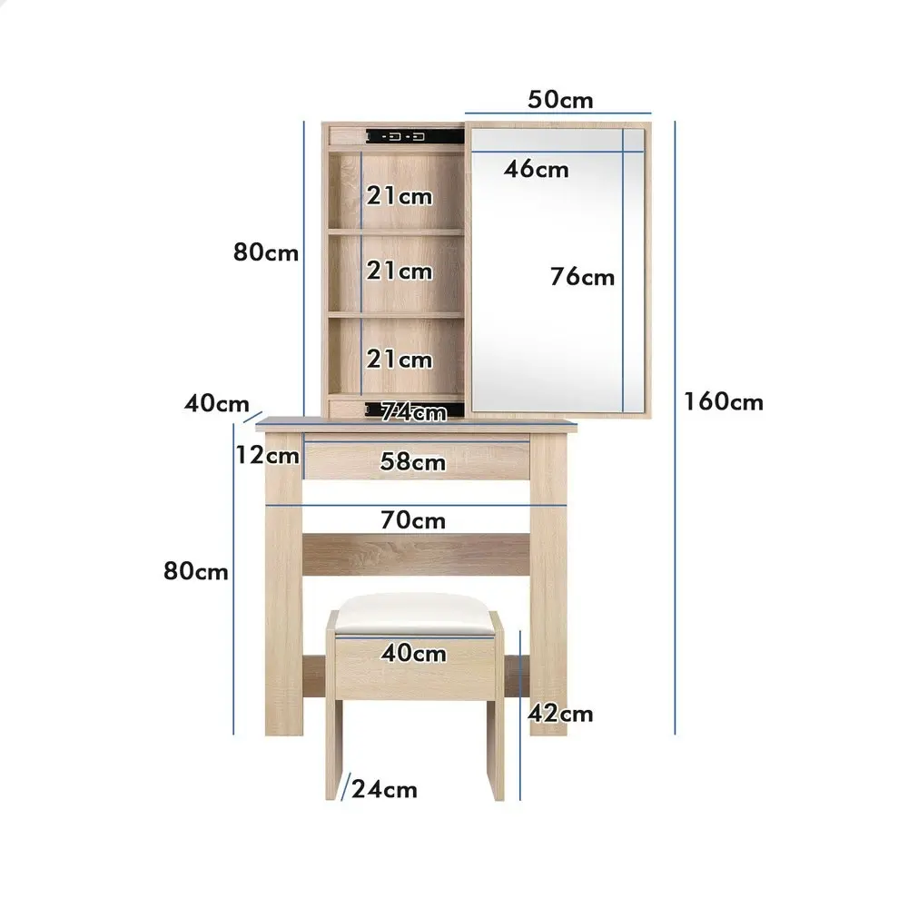 Alfordson Dressing Table Stool Set Sliding Mirror Oak