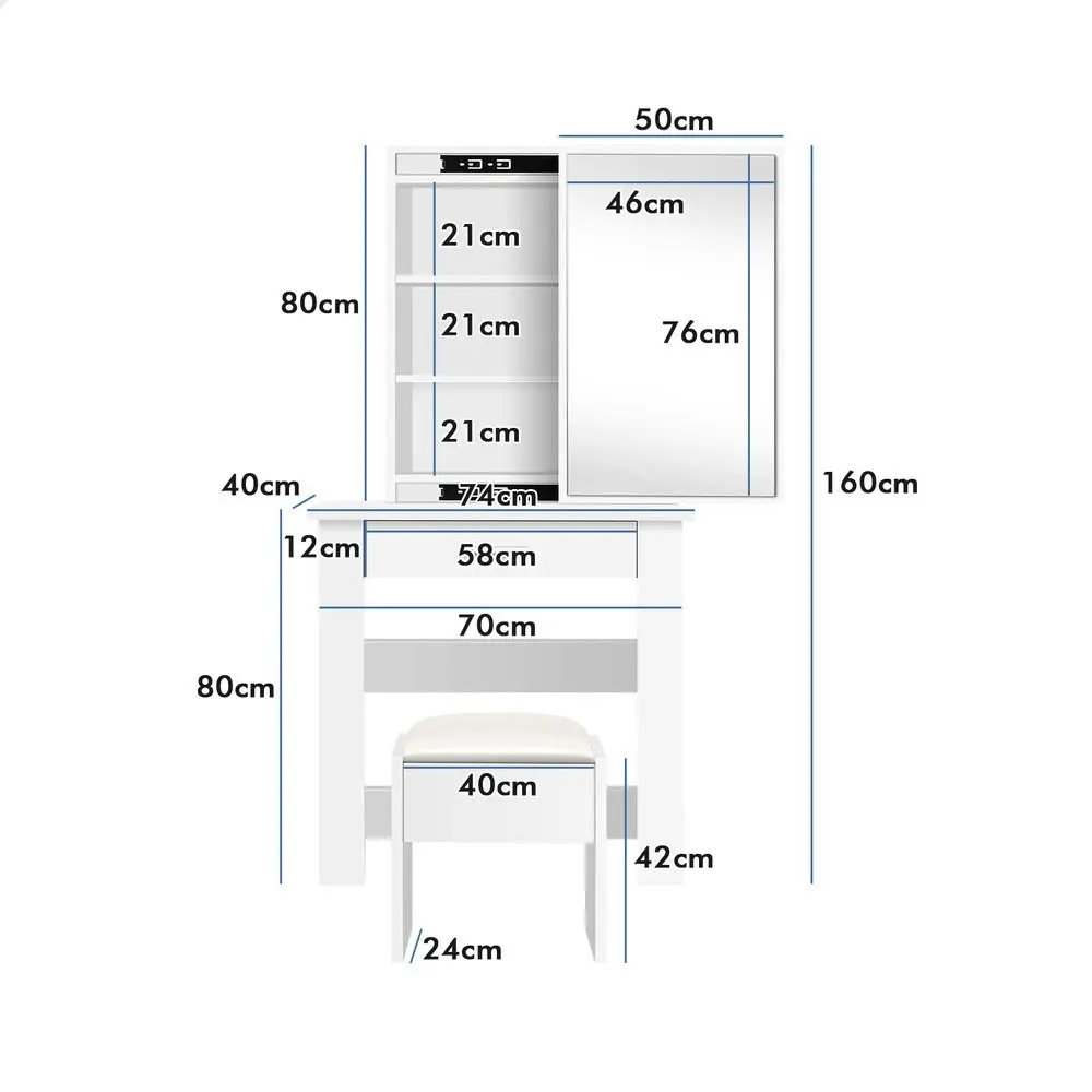 Alfordson Dressing Table Stool Set Sliding Mirror White