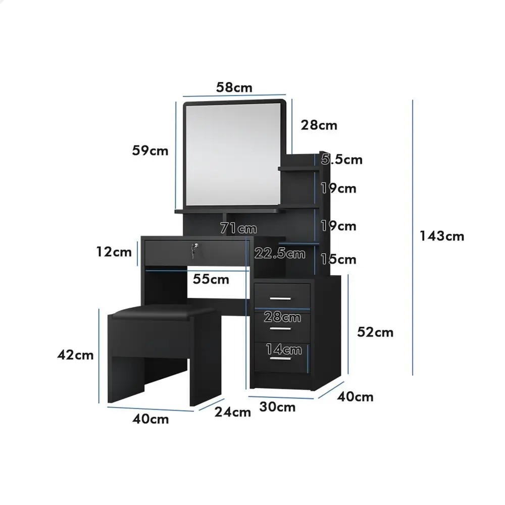 Alfordson Dressing Table Stool Set Drawer Shelf Black