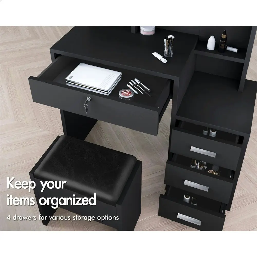 Alfordson Dressing Table Stool Set Drawer Shelf Black