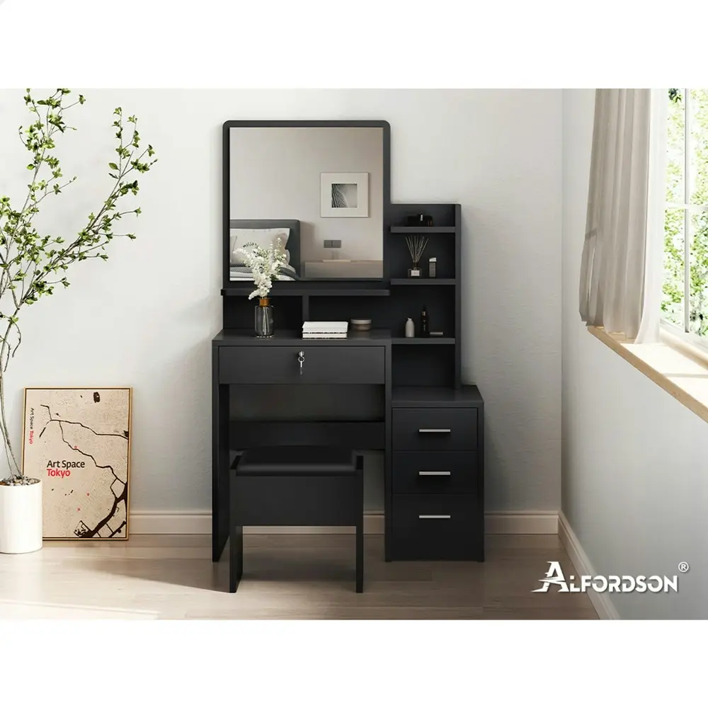 Alfordson Dressing Table Stool Set Drawer Shelf Black