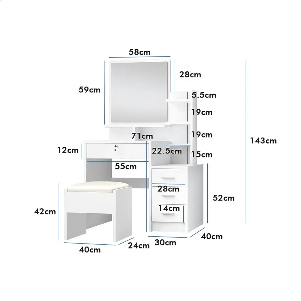 Alfordson Dressing Table Stool Set Drawer Shelf White