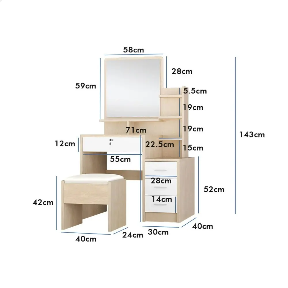 Alfordson Dressing Table Stool Set Drawer Shelf Oak