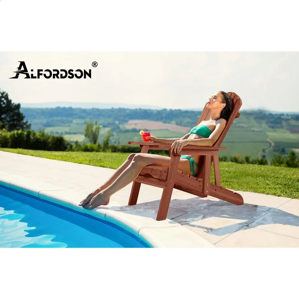 Alfordson 2x Outdoor Chairs Wooden Adirondack w/ Ottoman Patio Beach Garden Brown