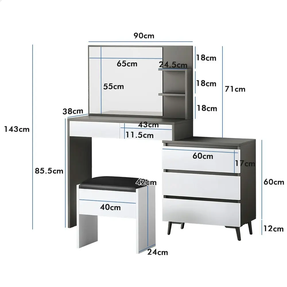 Alfordson Dressing Table Stool Set Side Cabinet Grey