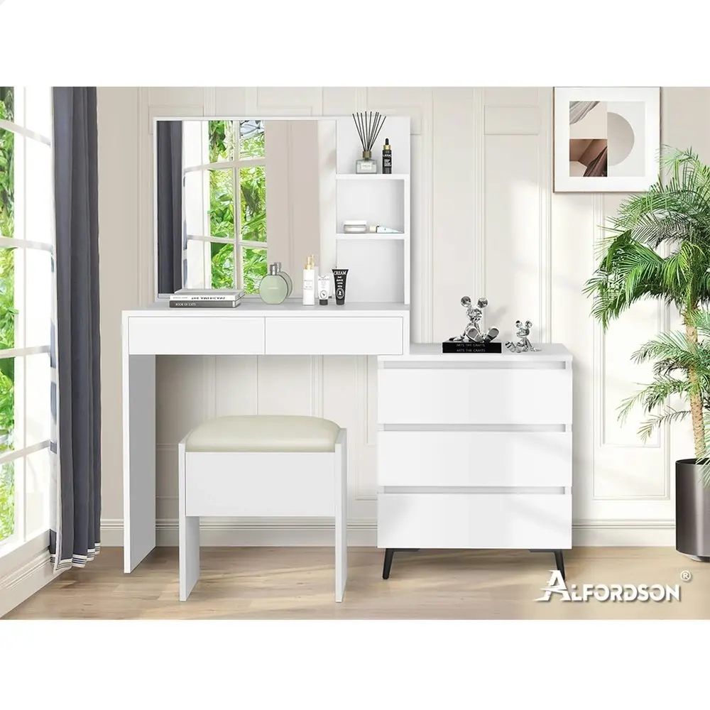 Alfordson Dressing Table Stool Set Side Cabinet White