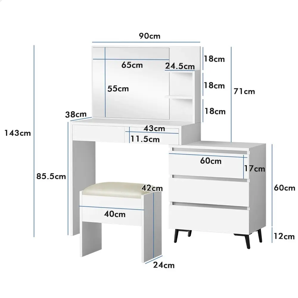 Alfordson Dressing Table Stool Set Side Cabinet White