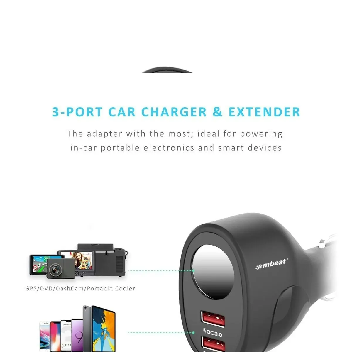 mBeat Dual Port Qc3.0 Car Charger And Cigarette Lighter Extender