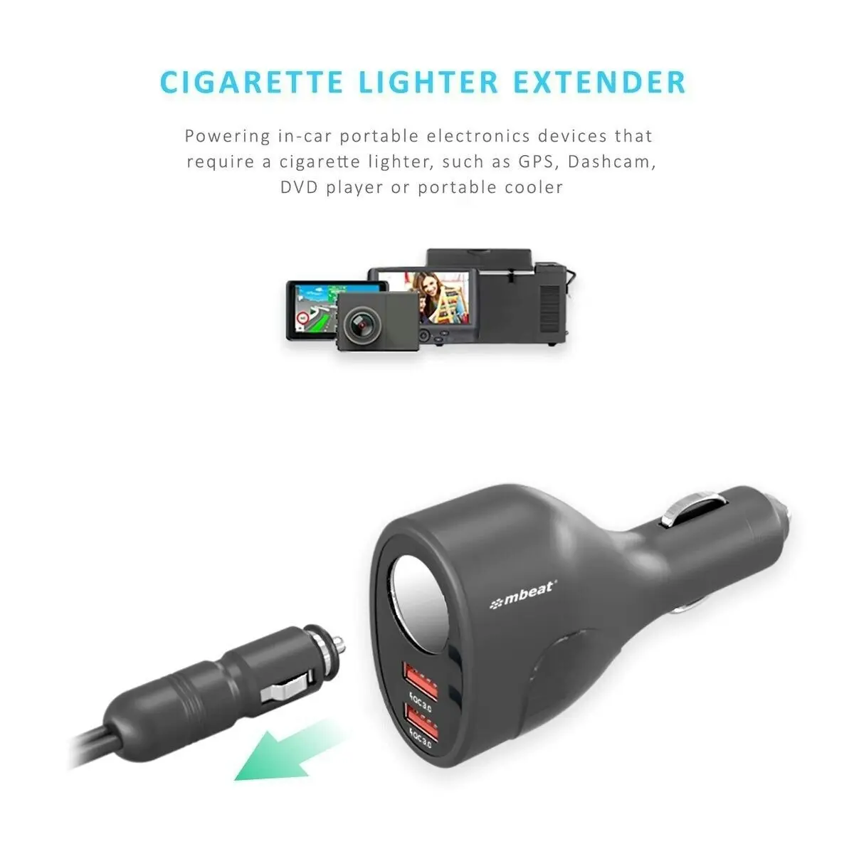 mBeat Dual Port Qc3.0 Car Charger And Cigarette Lighter Extender