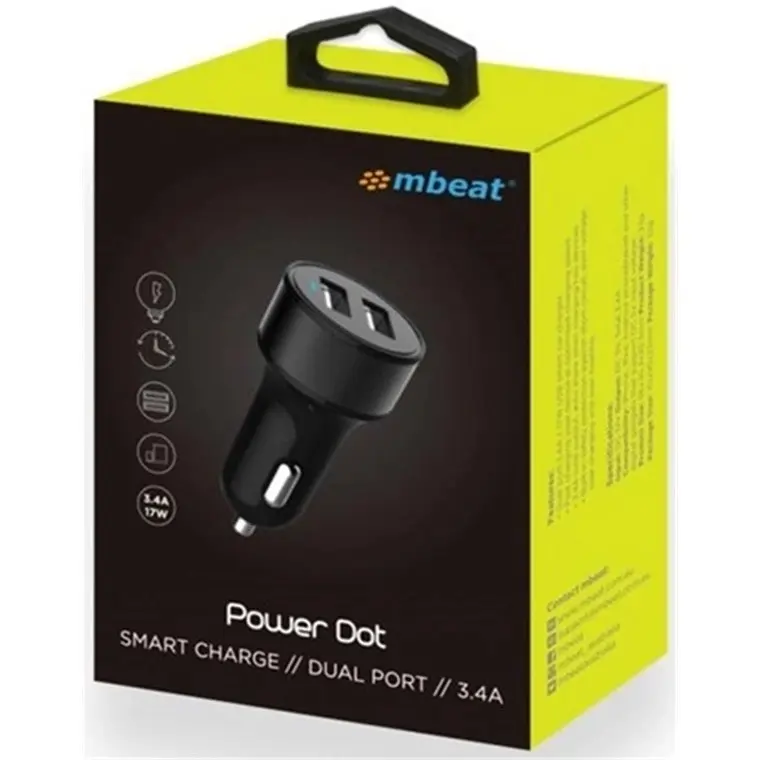 mBeat Power Dot Pro Dual Port 3.4a Rapid Car Charger - Black