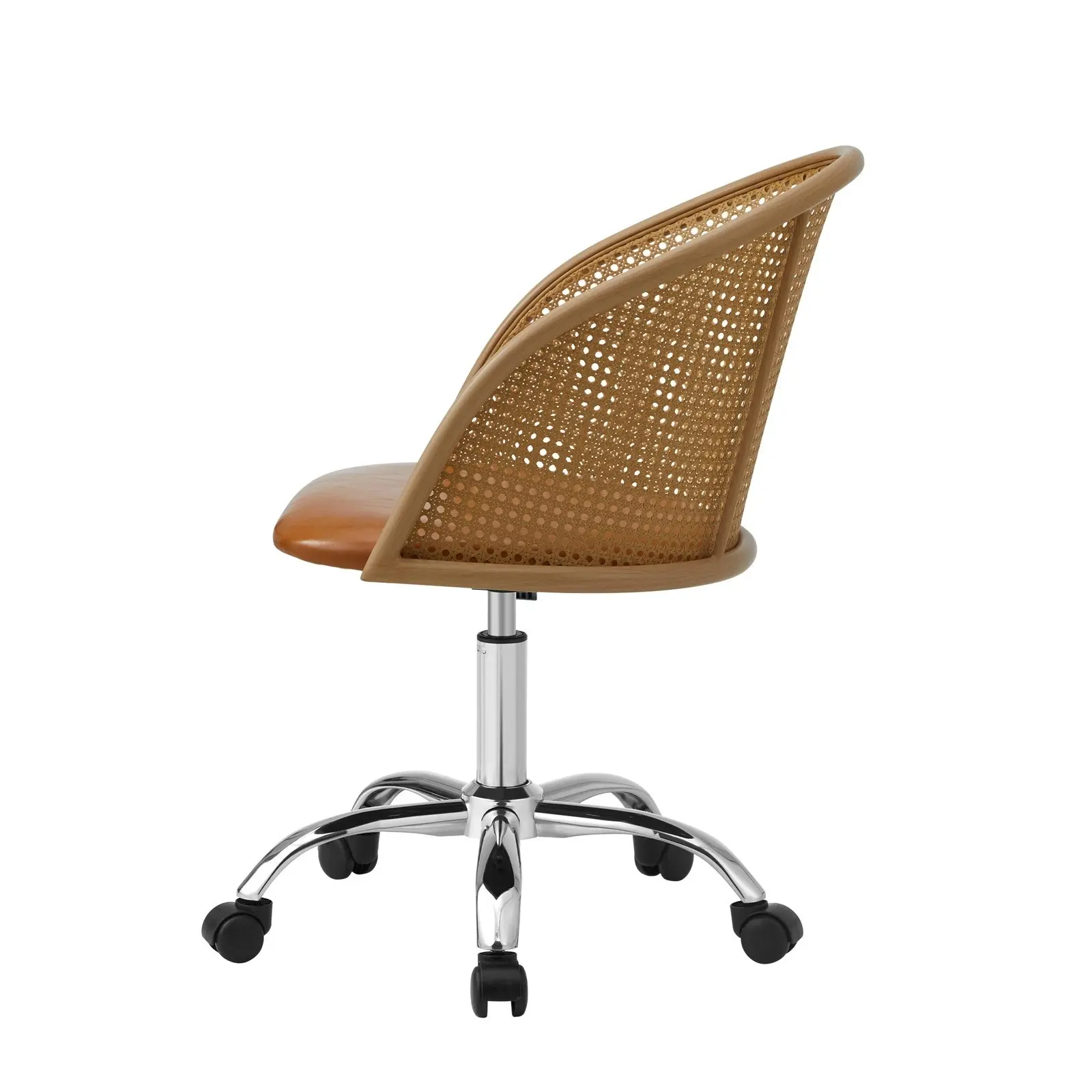 Oikiture Rattan Office Chair Executive Computer Chairs PU Leather Seat Brown