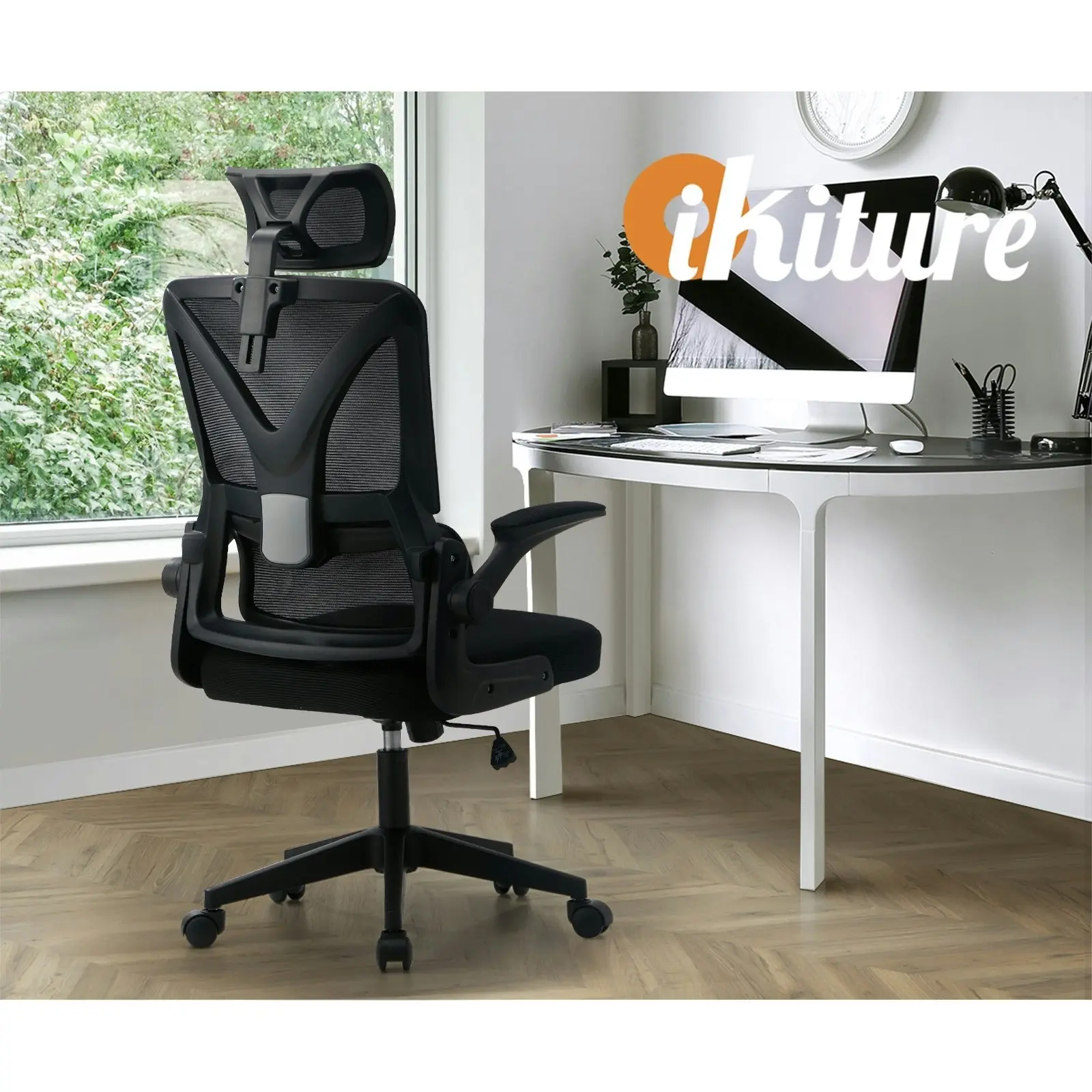 Oikiture Mesh Office Chair Adjustable Lumbar Support Reclining D-Shape Black