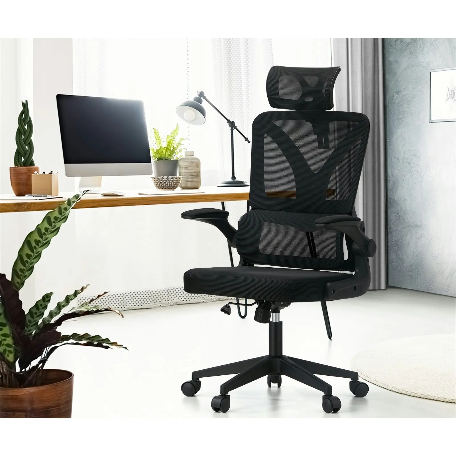 Oikiture Mesh Office Chair Adjustable Lumbar Support Reclining D-Shape Black