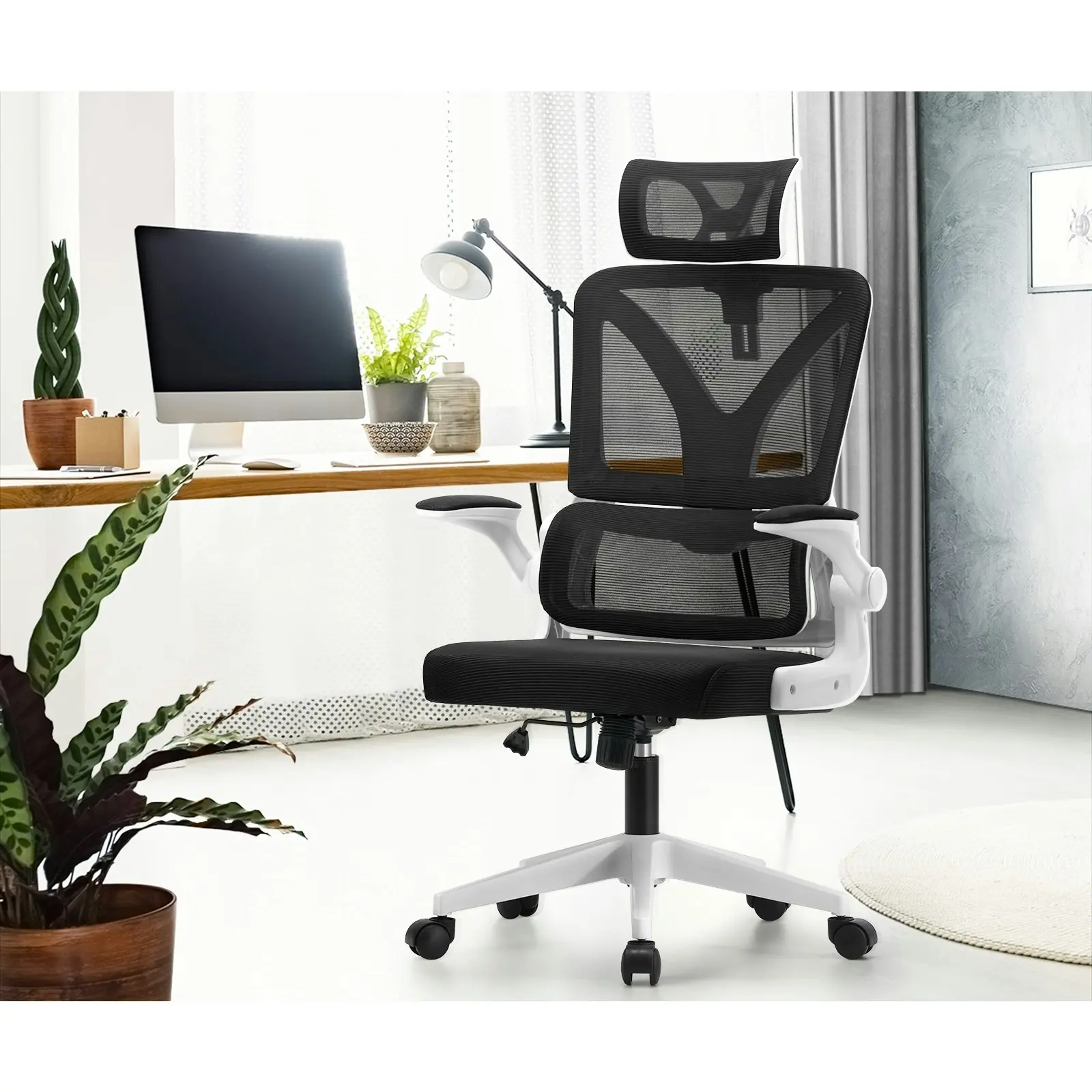 Oikiture Mesh Office Chair Adjustable Lumbar Support Reclining D-Shape White&Black