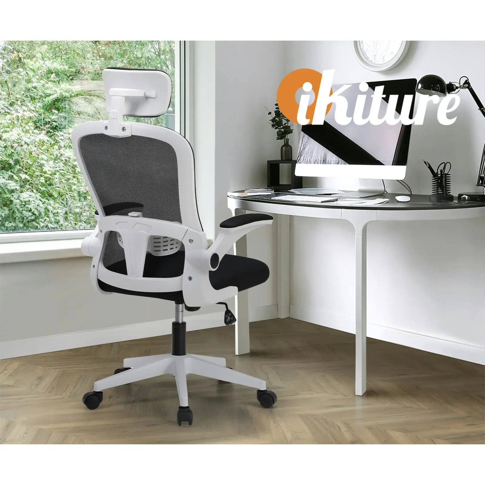 Oikiture Mesh Office Chair Adjustable Lumbar Support Reclining D-Shape White&Black