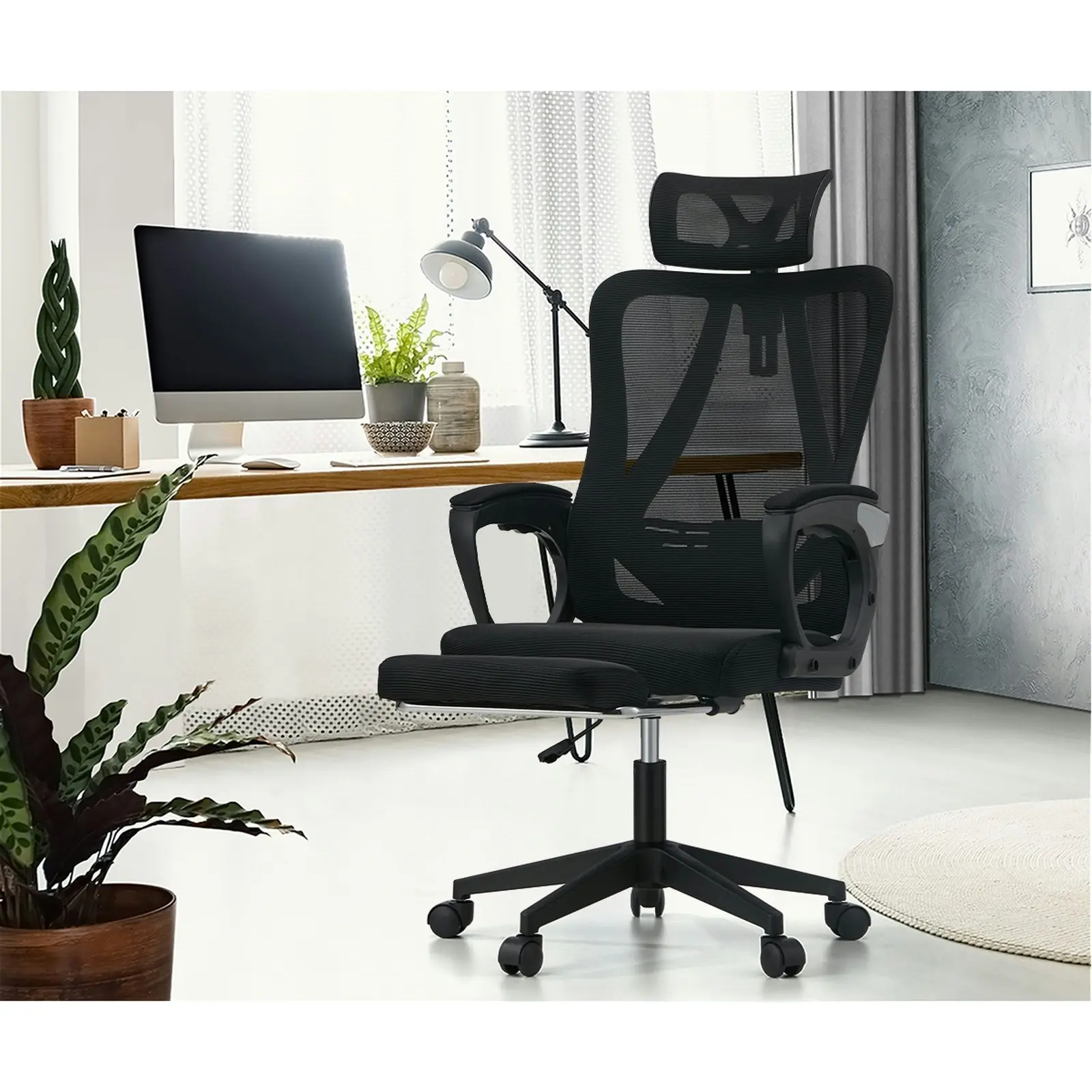 Oikiture Mesh Office Chair Adjustable Lumbar Support Reclining Footrest Black