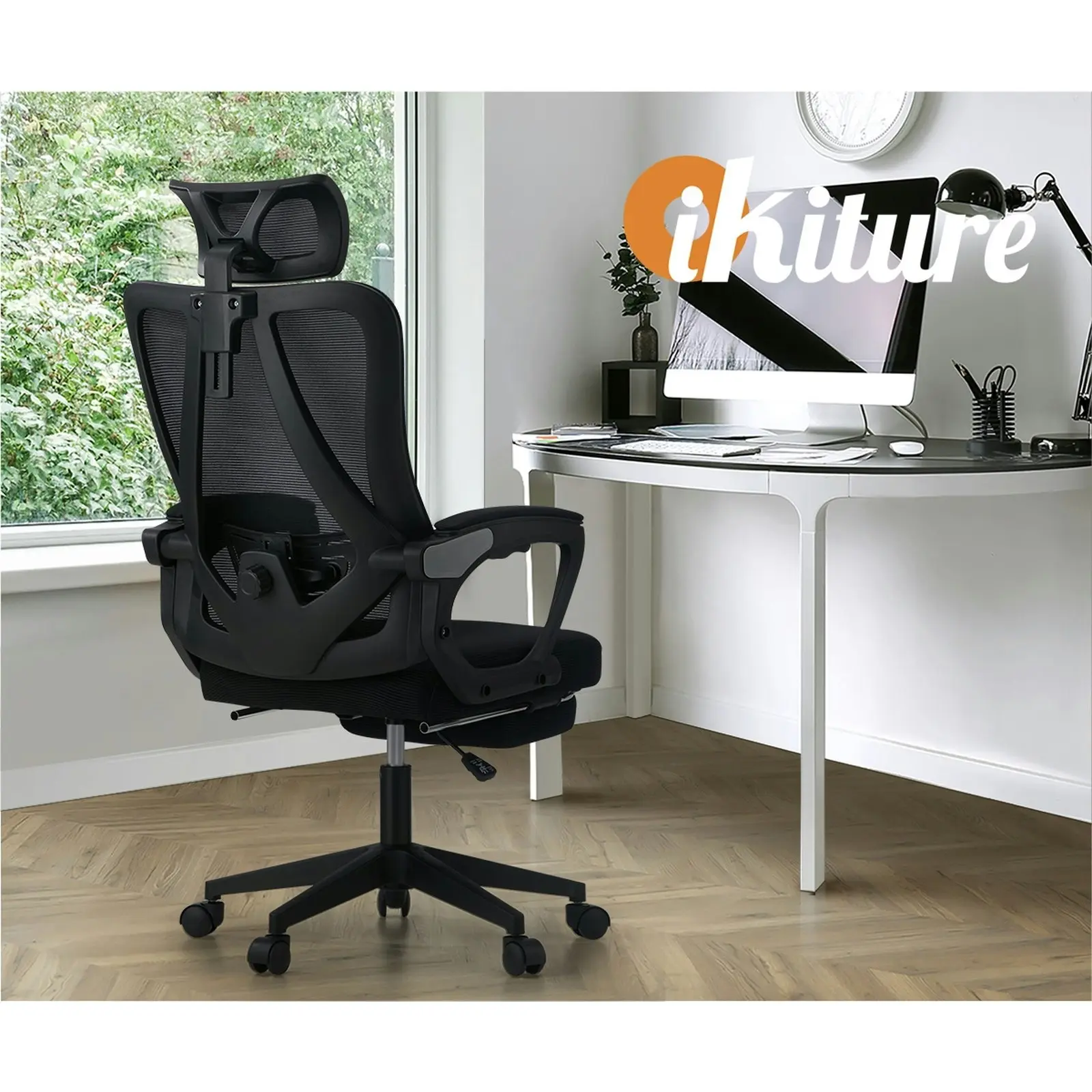 Oikiture Mesh Office Chair Adjustable Lumbar Support Reclining Footrest Black