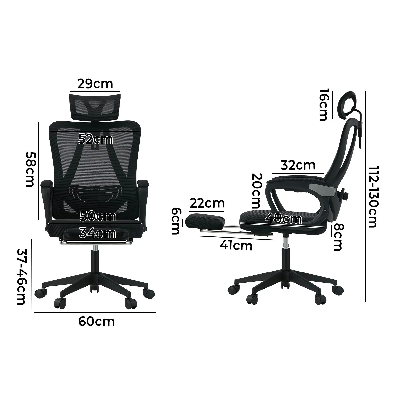 Oikiture Mesh Office Chair Adjustable Lumbar Support Reclining Footrest Black