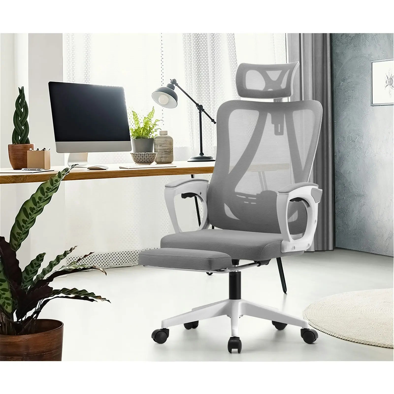 Oikiture Mesh Office Chair Adjustable Lumbar Support Reclining Footrest White