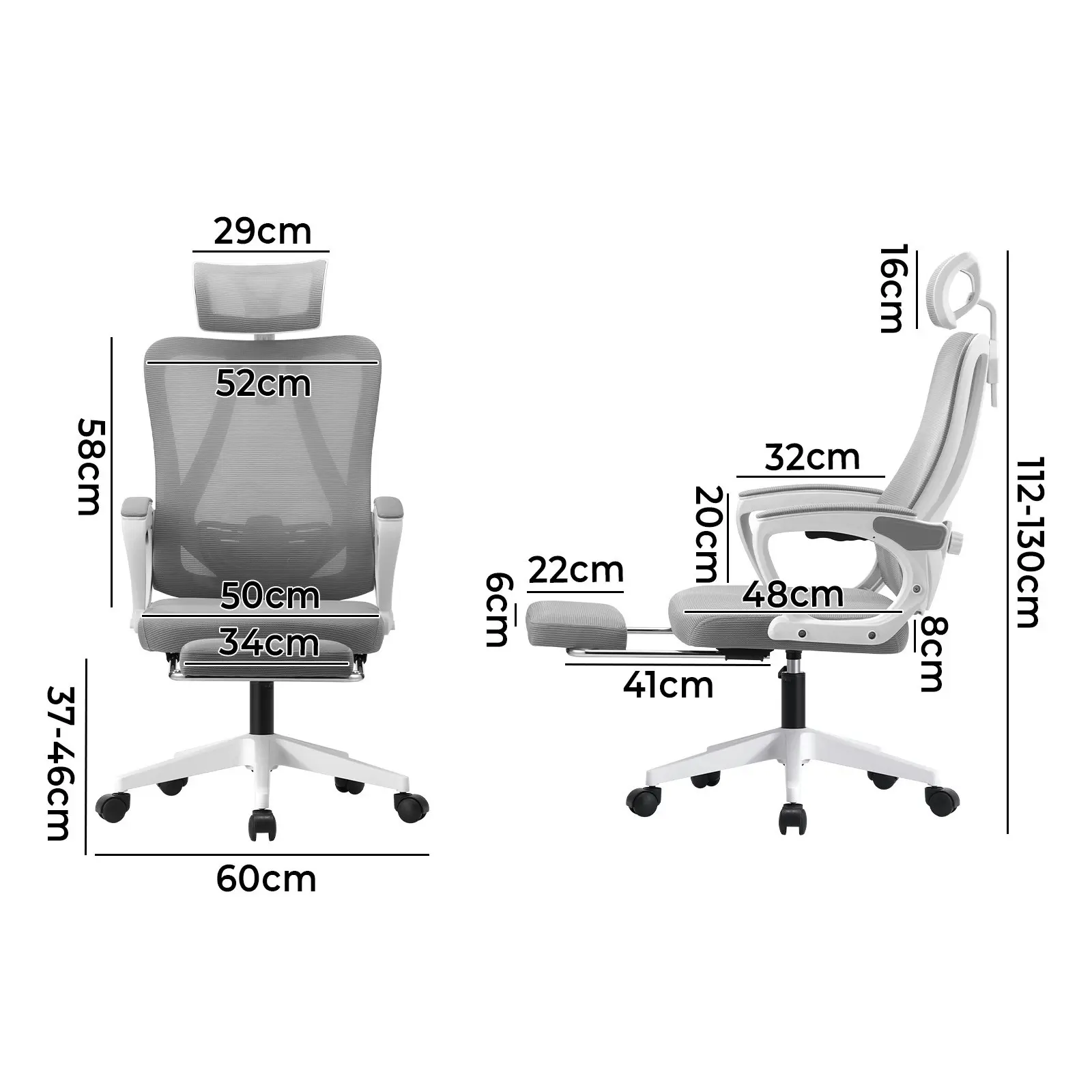 Oikiture Mesh Office Chair Adjustable Lumbar Support Reclining Footrest White