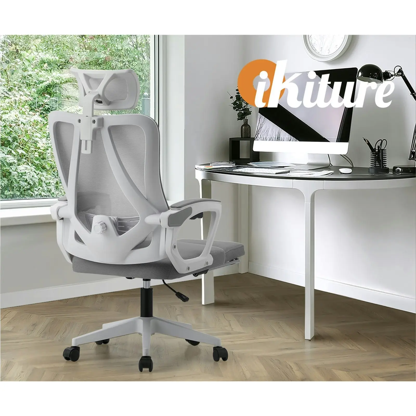 Oikiture Mesh Office Chair Adjustable Lumbar Support Reclining Footrest White