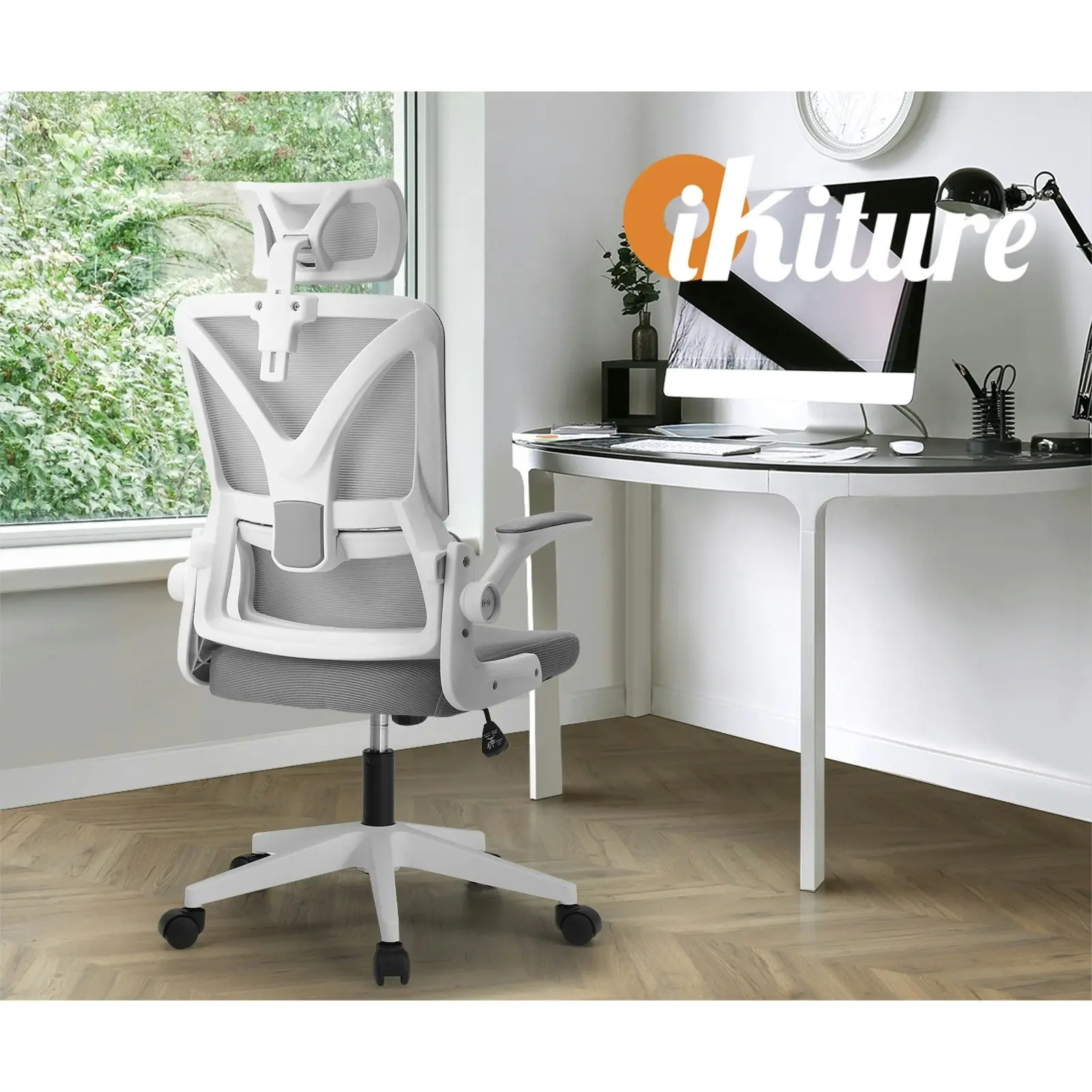 Oikiture Mesh Office Chair Adjustable Lumbar Support Reclining D-Shape White