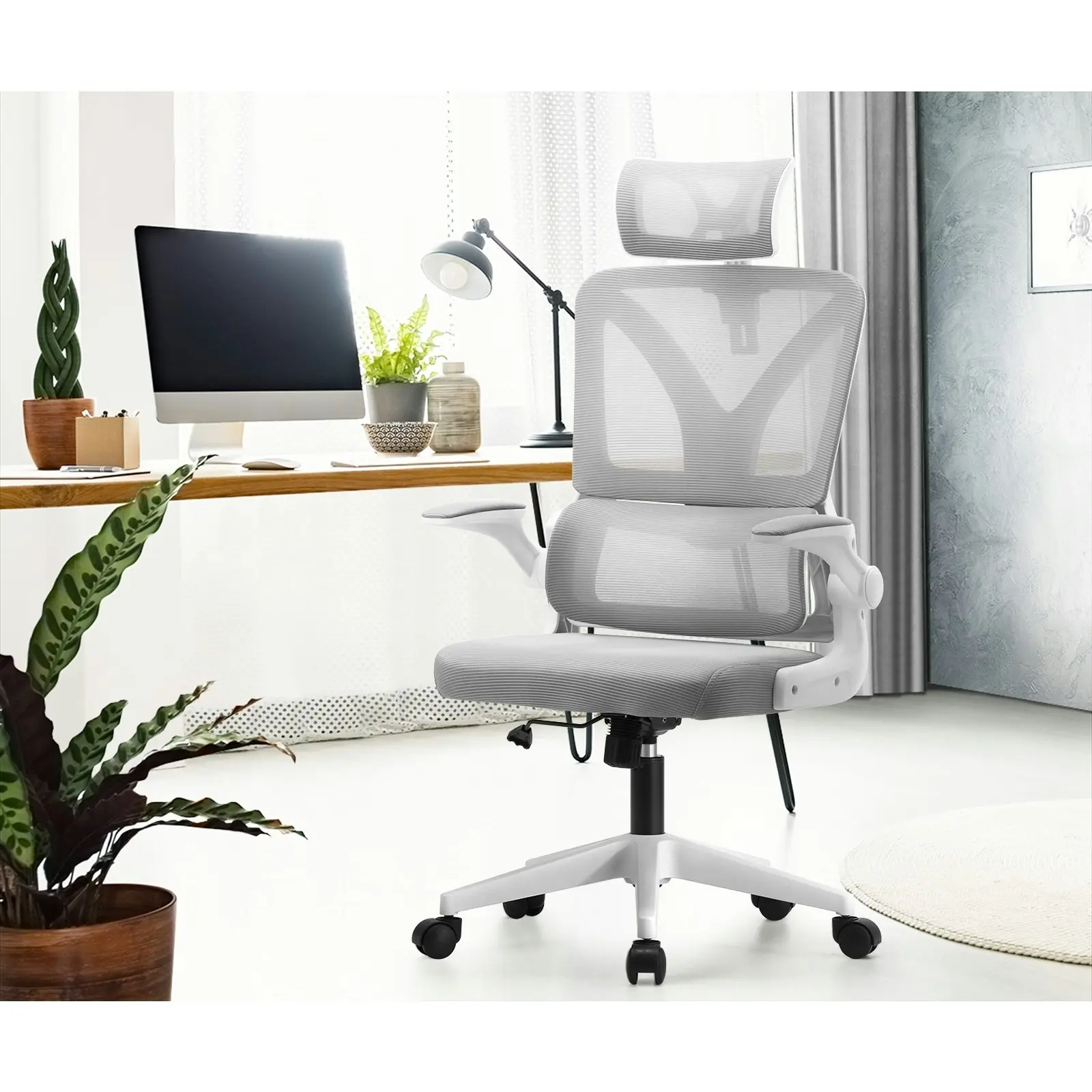 Oikiture Mesh Office Chair Adjustable Lumbar Support Reclining D-Shape White