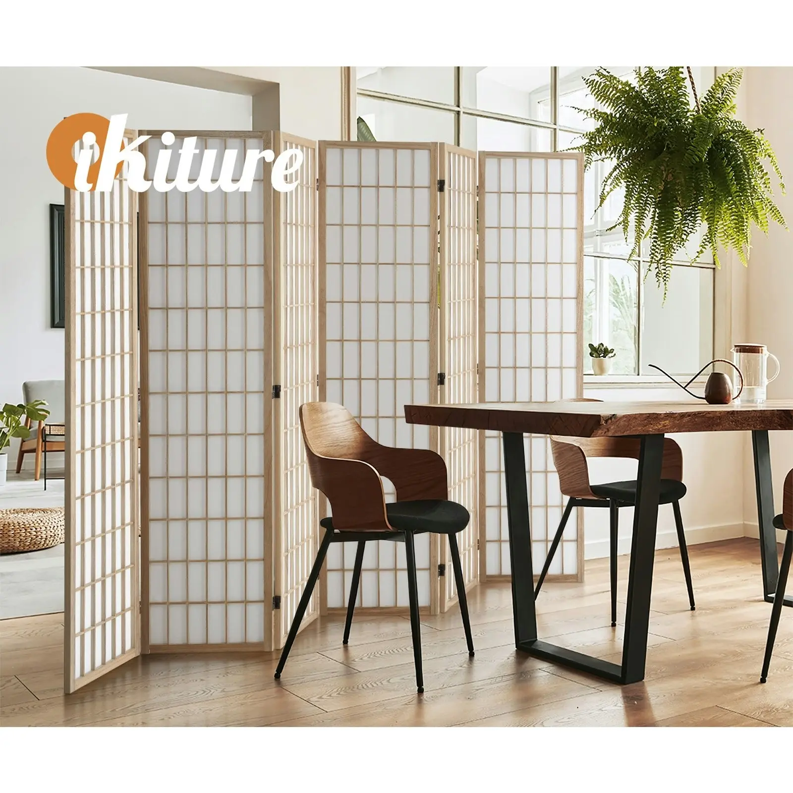 Oikiture 6 Panel Room Divider Privacy Screen Partition Timber Farbic Natural