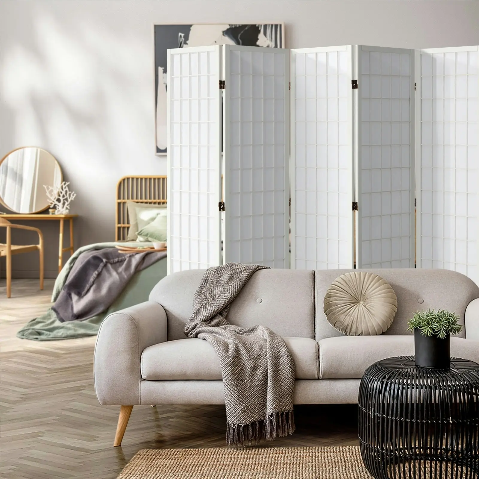 Oikiture 6 Panel Room Divider Privacy Screen Partition Timber Farbic White