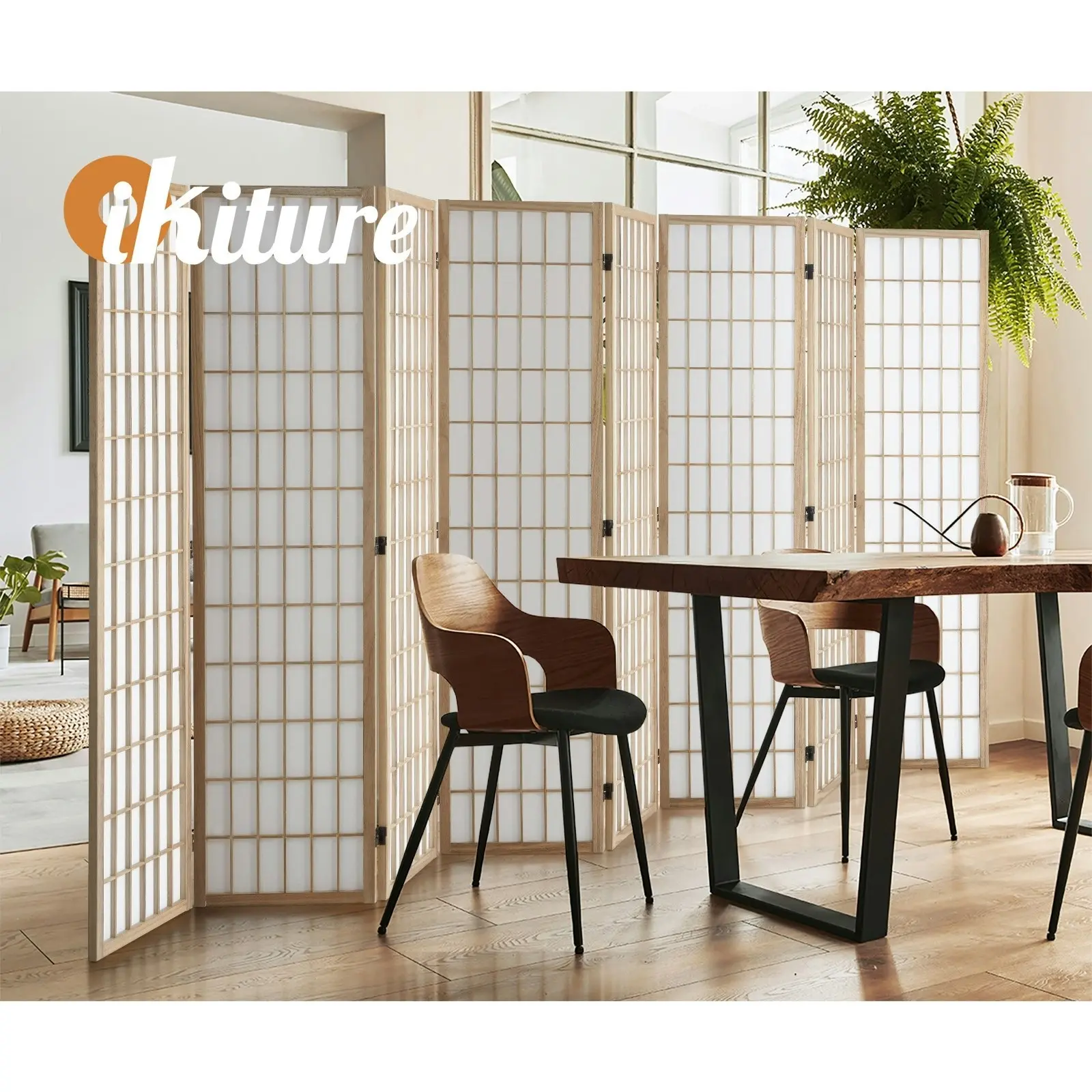 Oikiture 8 Panel Room Divider Privacy Screen Partition Timber Farbic Natural