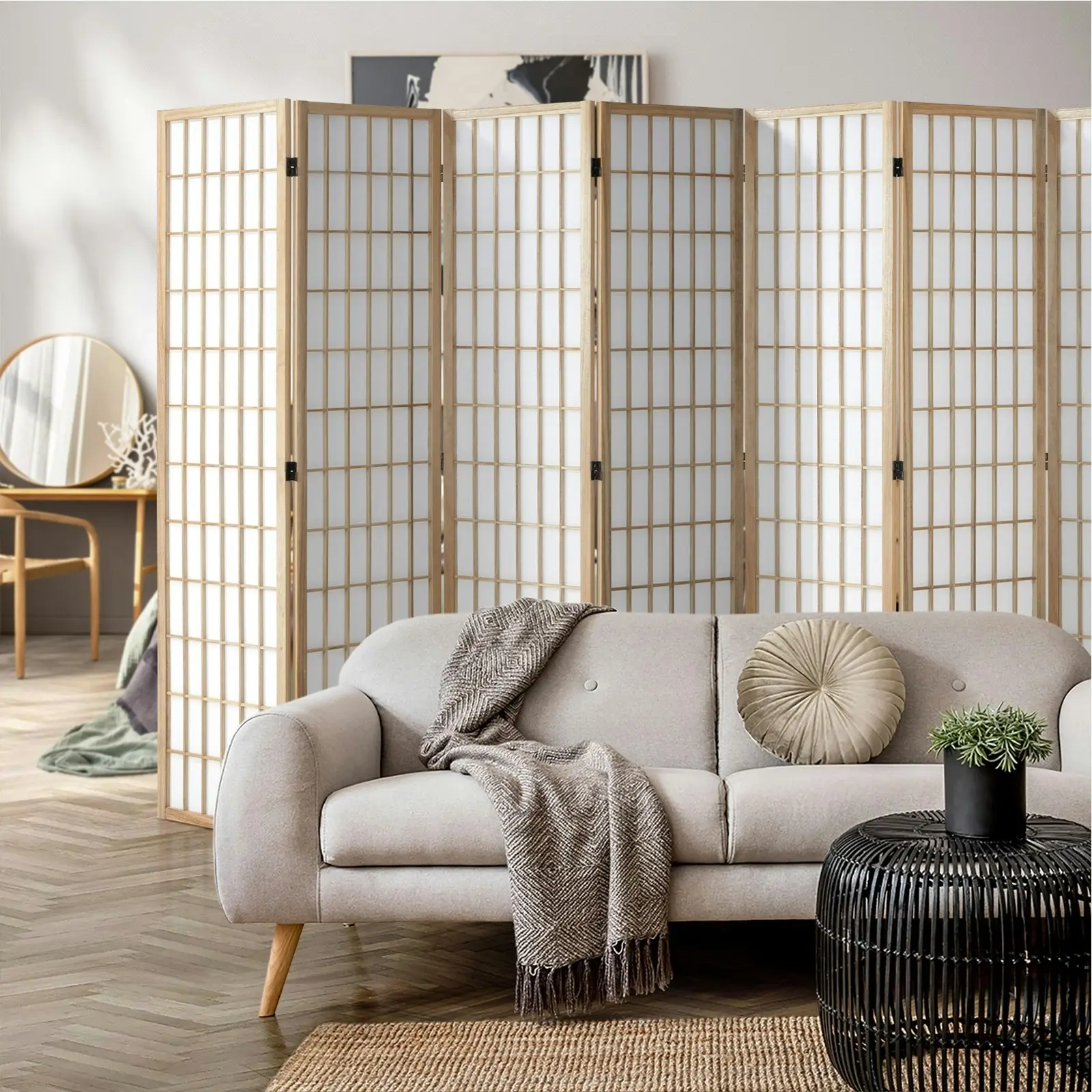 Oikiture 8 Panel Room Divider Privacy Screen Partition Timber Farbic Natural