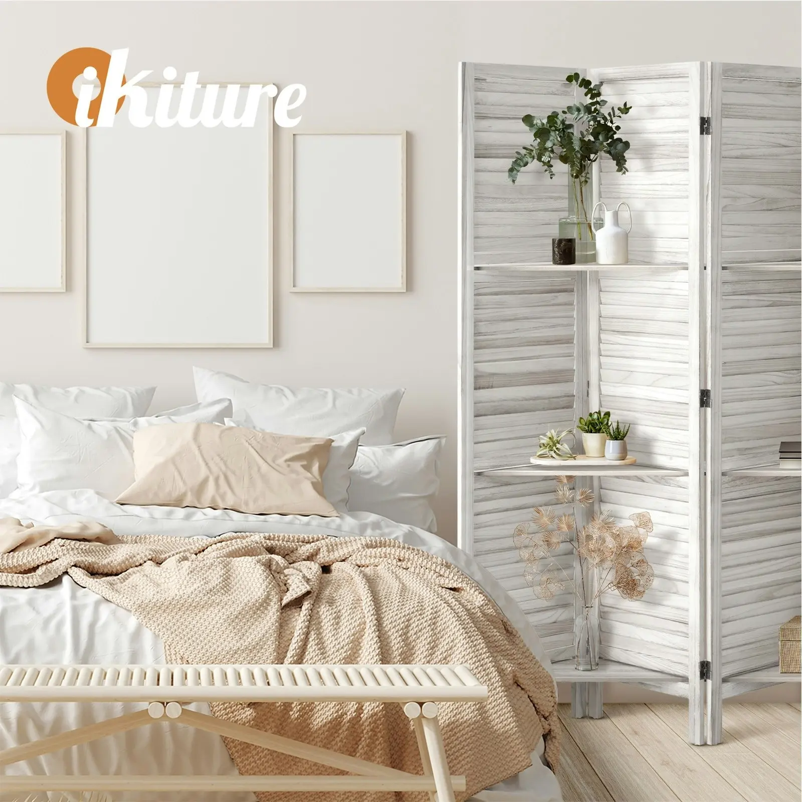 Oikiture 4 Panel Room Divider Privacy Screen With Shelves Timber Wooden White