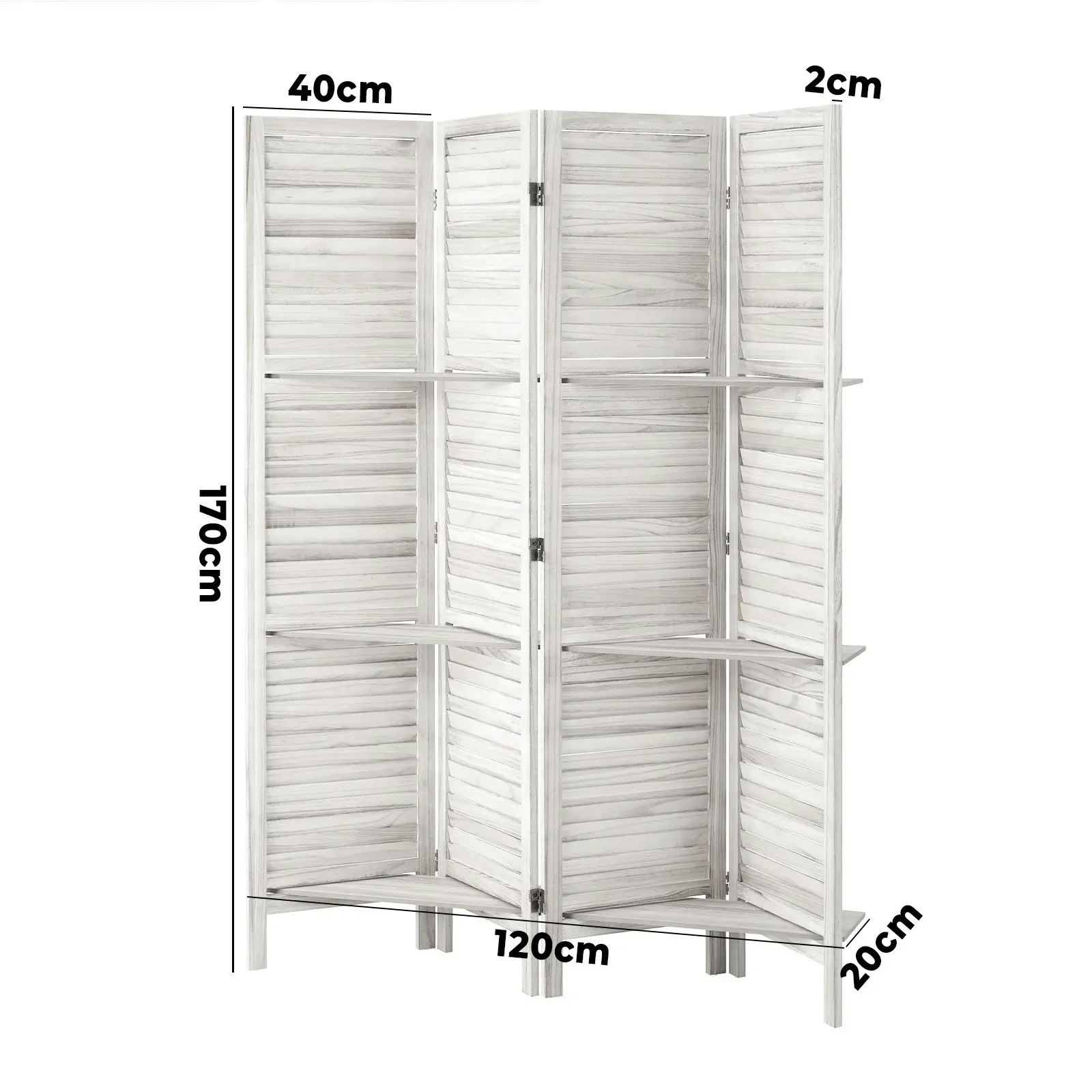 Oikiture 4 Panel Room Divider Privacy Screen With Shelves Timber Wooden White