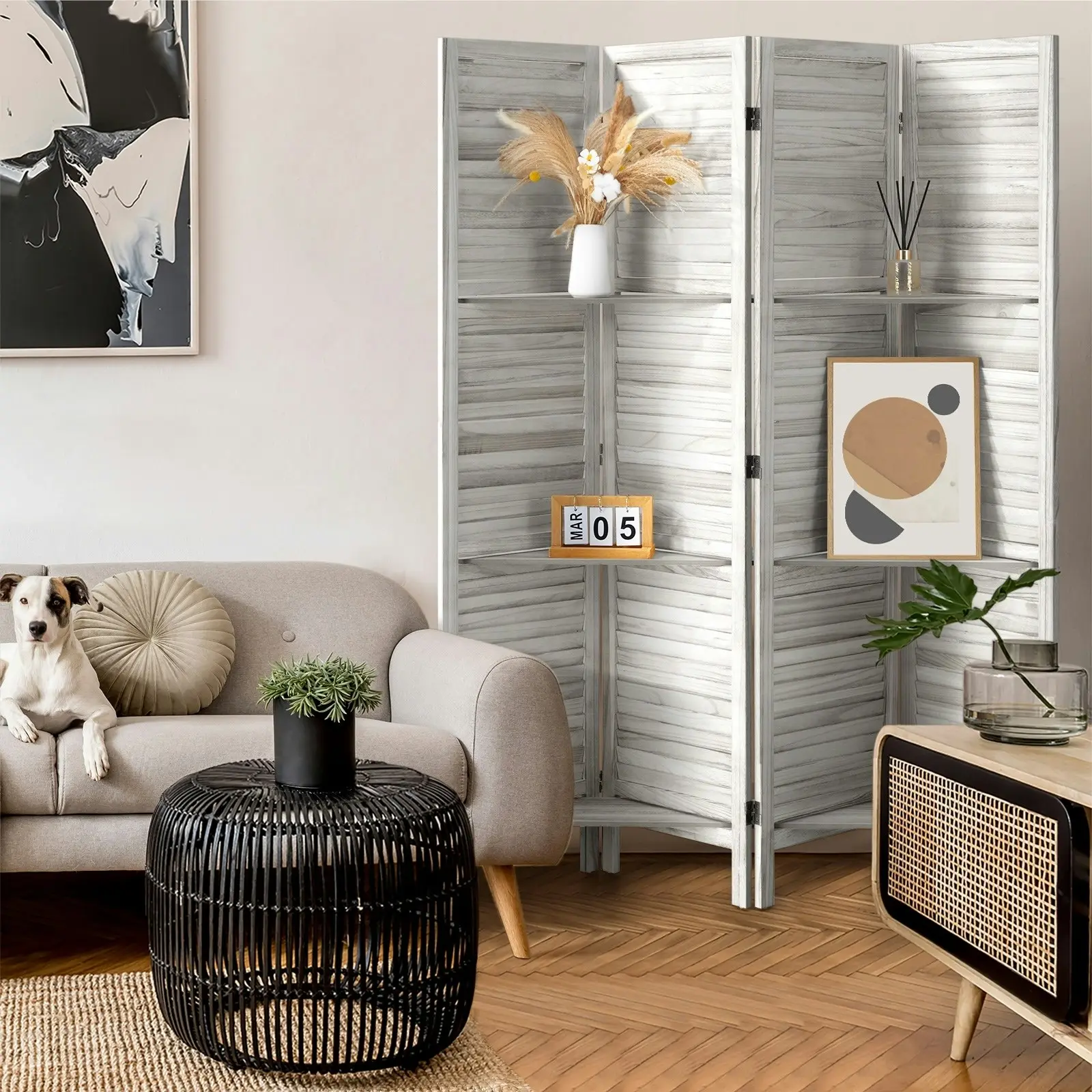 Oikiture 4 Panel Room Divider Privacy Screen With Shelves Timber Wooden White