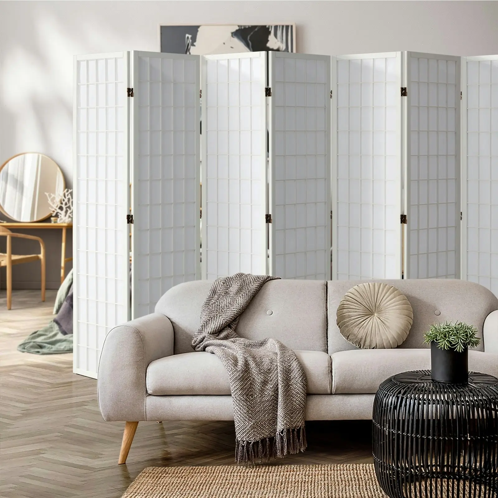 Oikiture 8 Panel Room Divider Privacy Screen Partition Timber Farbic White