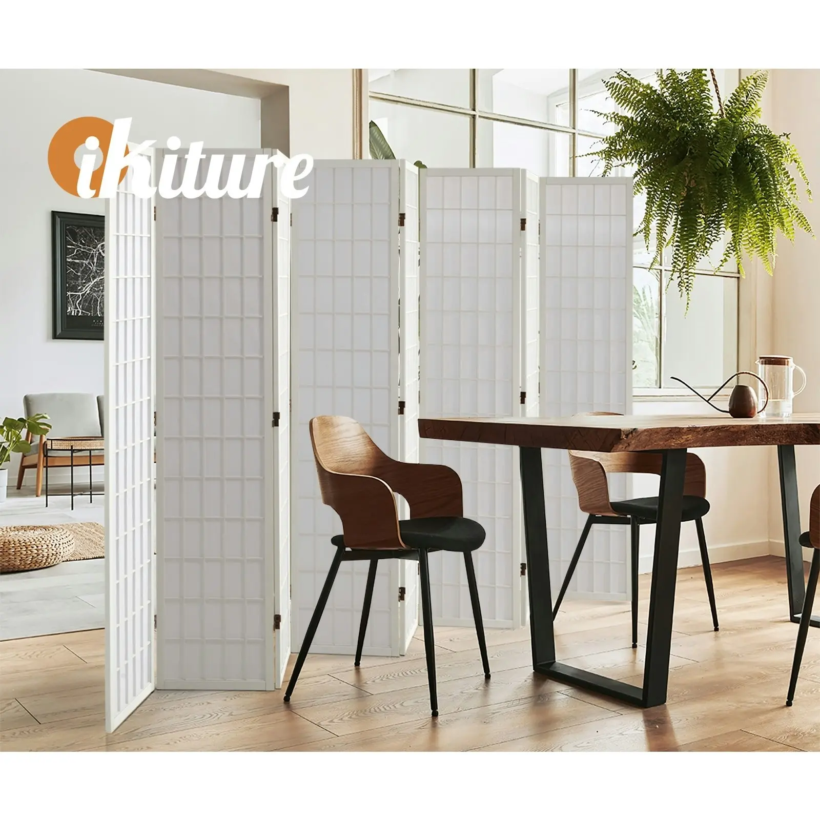 Oikiture 8 Panel Room Divider Privacy Screen Partition Timber Farbic White