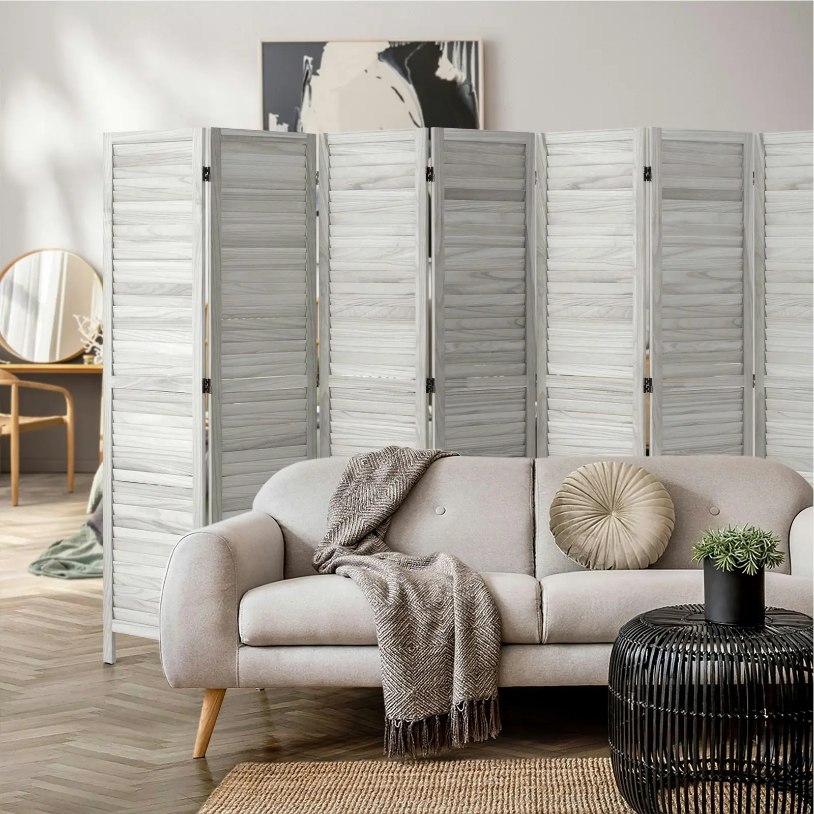 Oikiture 8 Panel Room Divider Privacy Screen Partition Timber Wooden Fold White