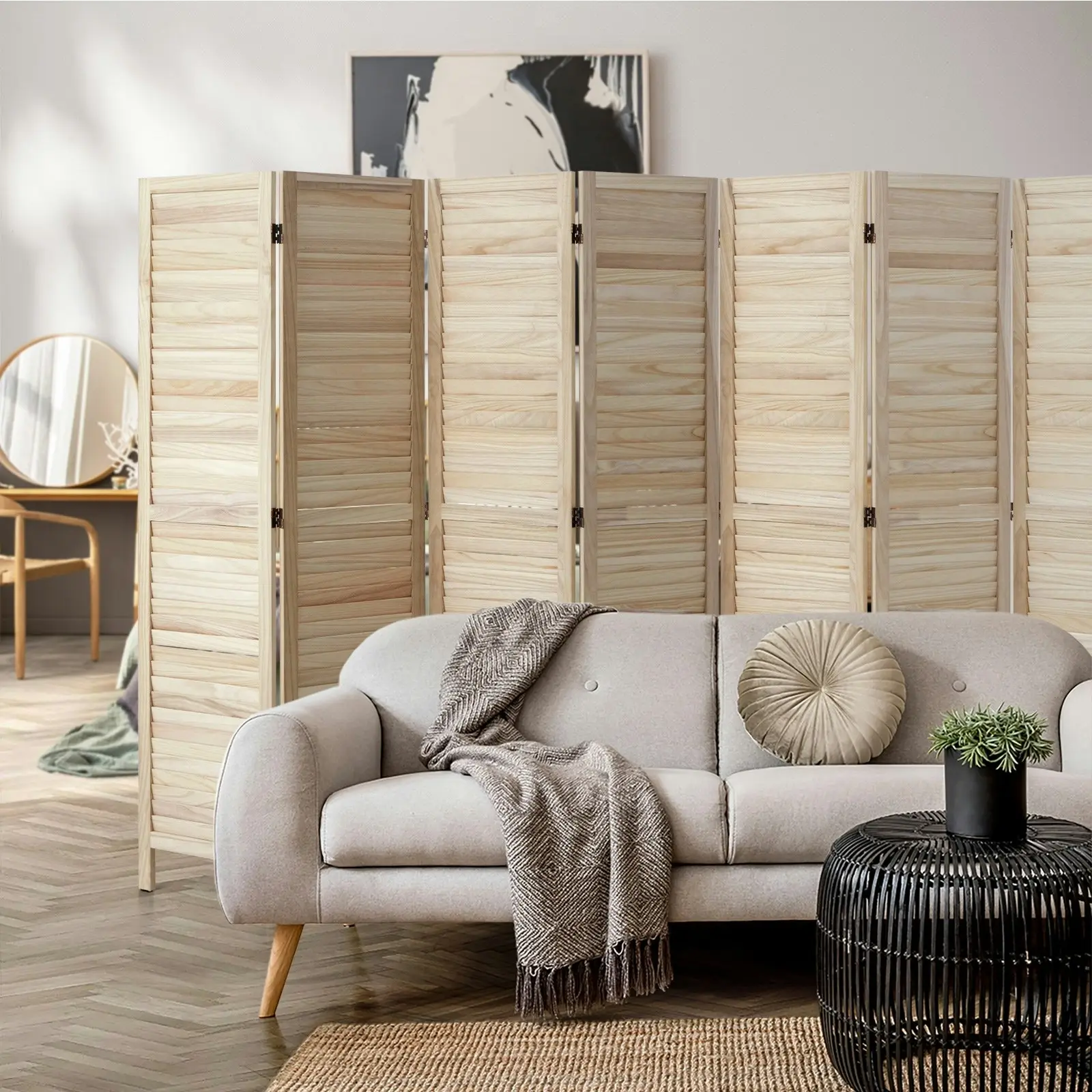 Oikiture 8 Panel Room Divider Privacy Screen Partition Timber Wooden Natural