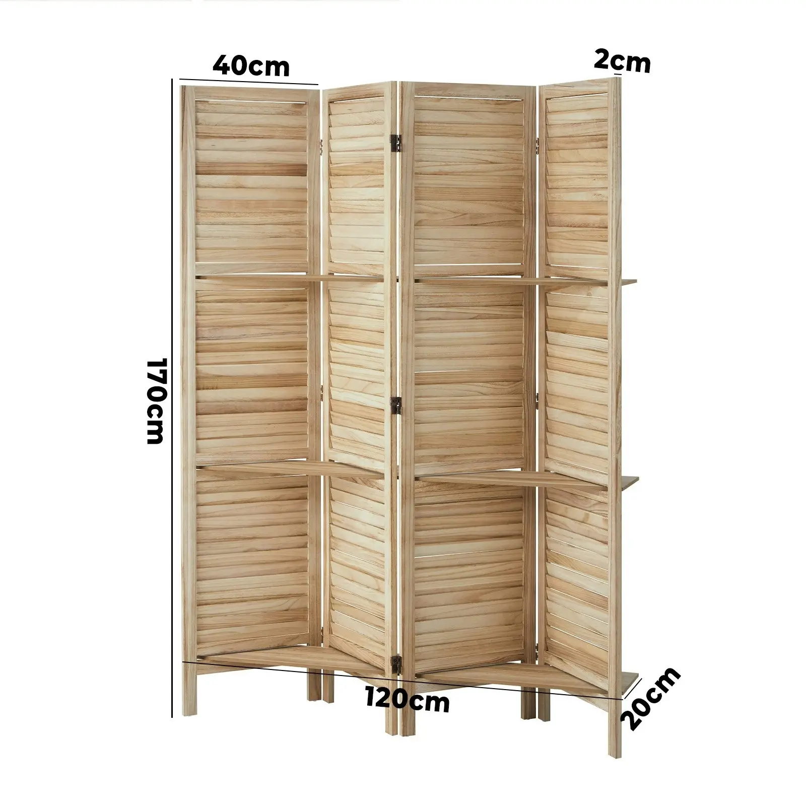 Oikiture 4 Panel Room Divider Privacy Screen With Shelves Timber Wooden Natural