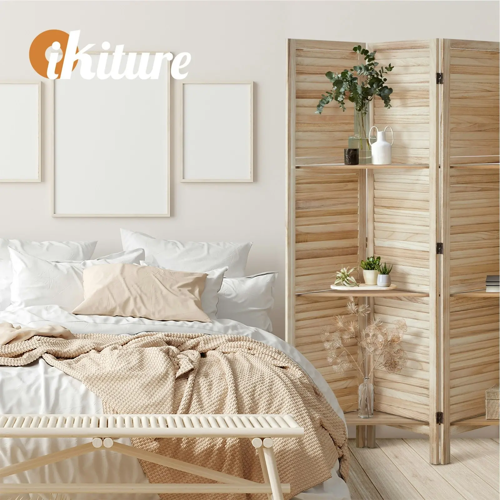 Oikiture 4 Panel Room Divider Privacy Screen With Shelves Timber Wooden Natural