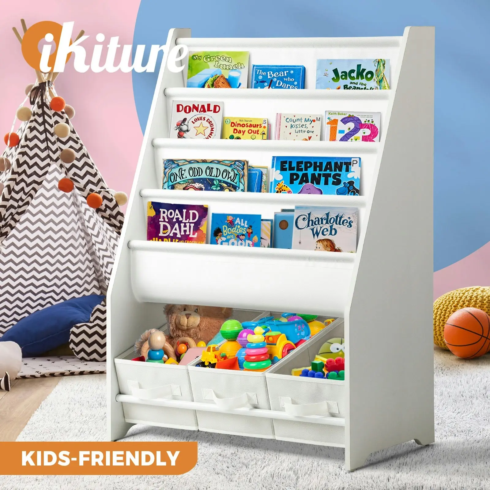 Oikiture Kids Bookshelf Toy Storage Box Organiser Display Shelf DIY Storage Rack