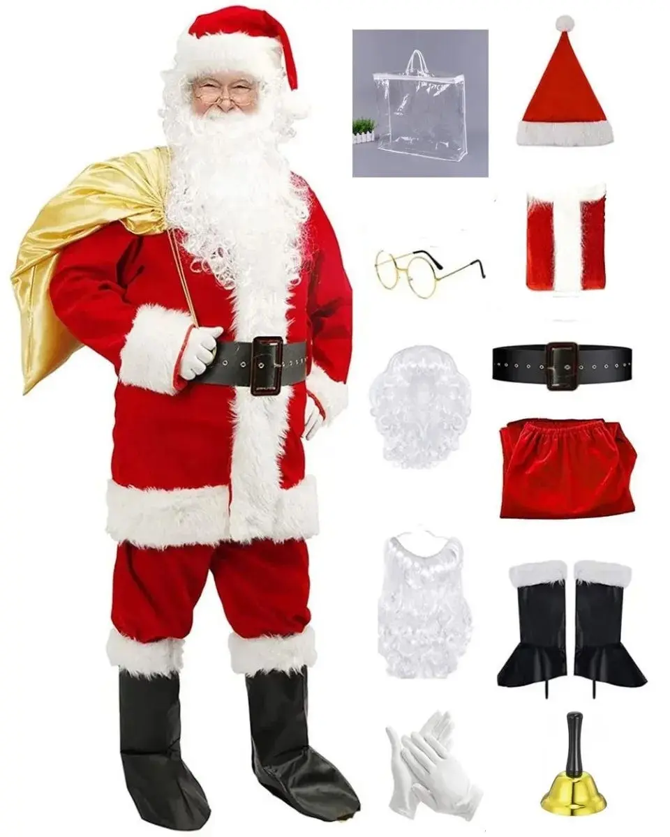 Complete 11pcs Christmas Santa Suit Deluxe Costume