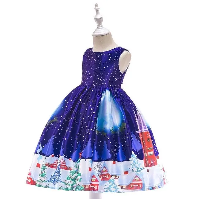 Dark Blue Sleeveless Christmas Girls Dress