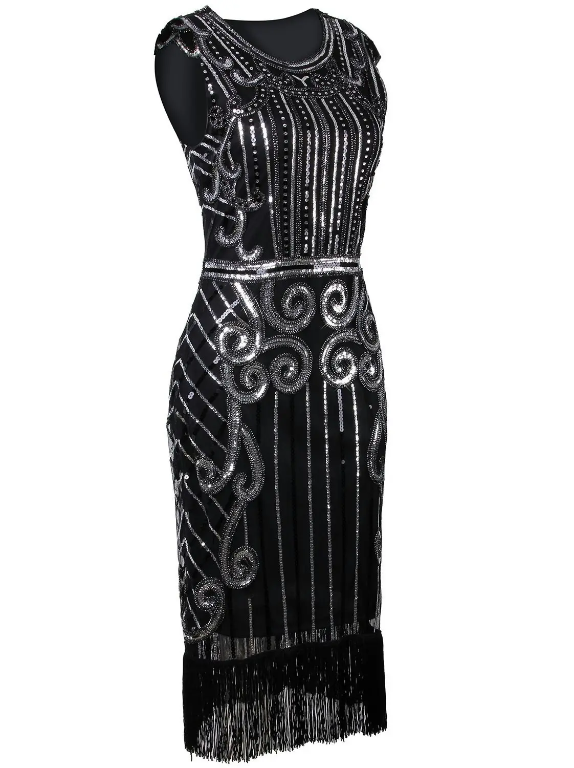 Deluxe Sequins Black Silver Flapper Womens Costume