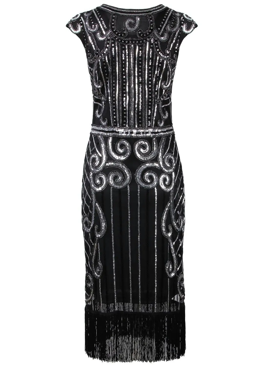 Deluxe Sequins Black Silver Flapper Womens Costume