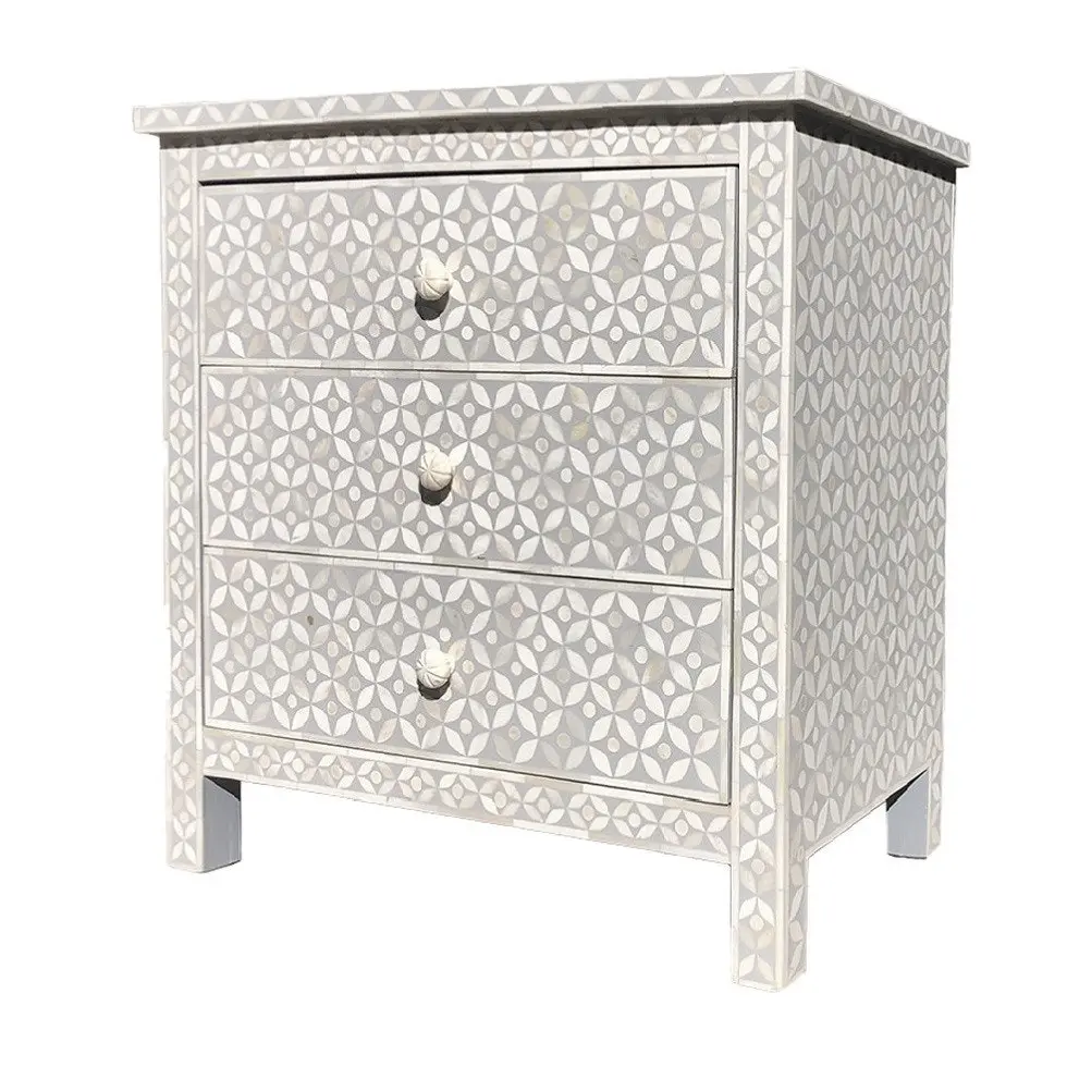 Zohi Interiors Bone Inlay Wide 3 Drawer Bedside Chest in Celtic Grey