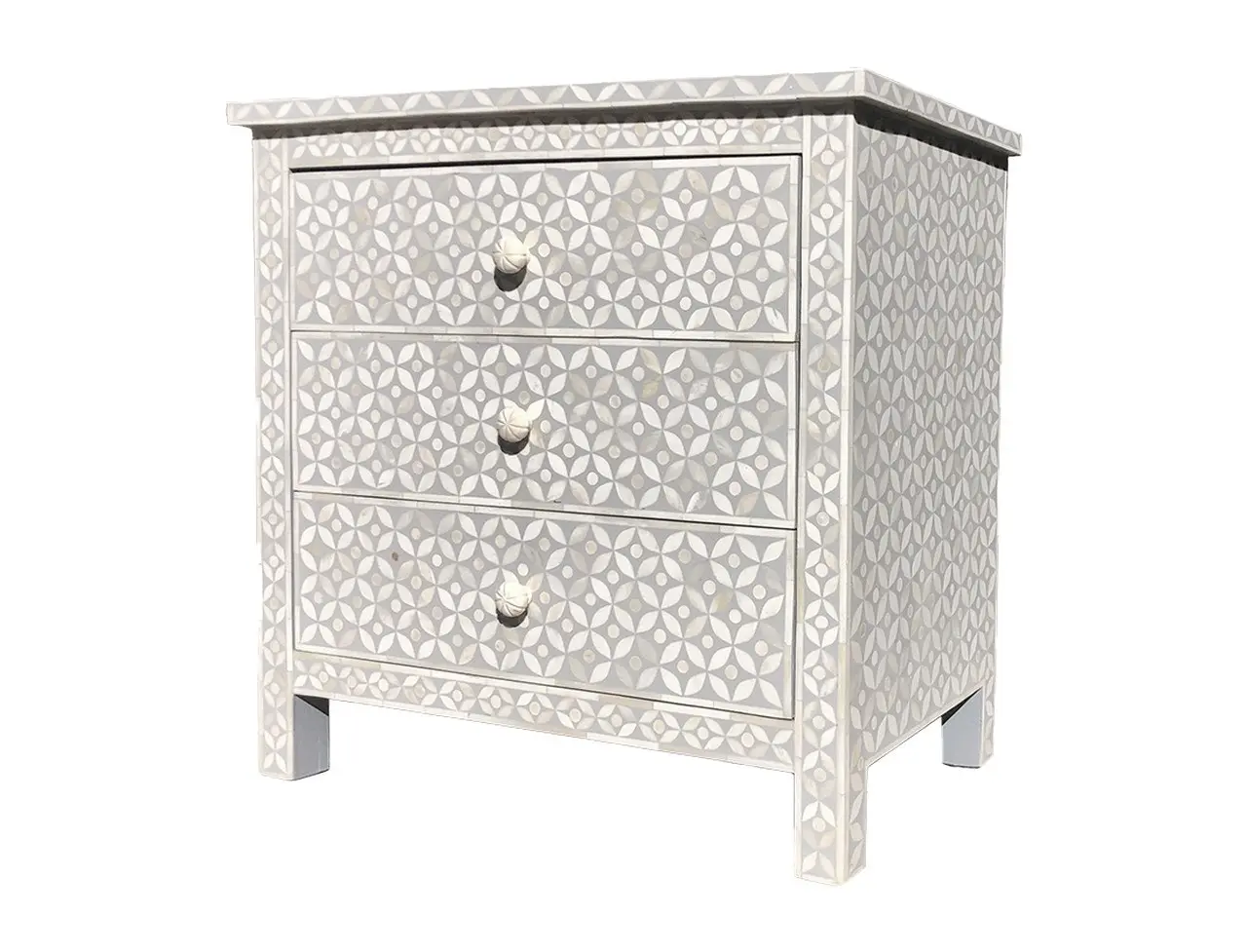 Zohi Interiors Bone Inlay Wide 3 Drawer Bedside Chest in Celtic Grey